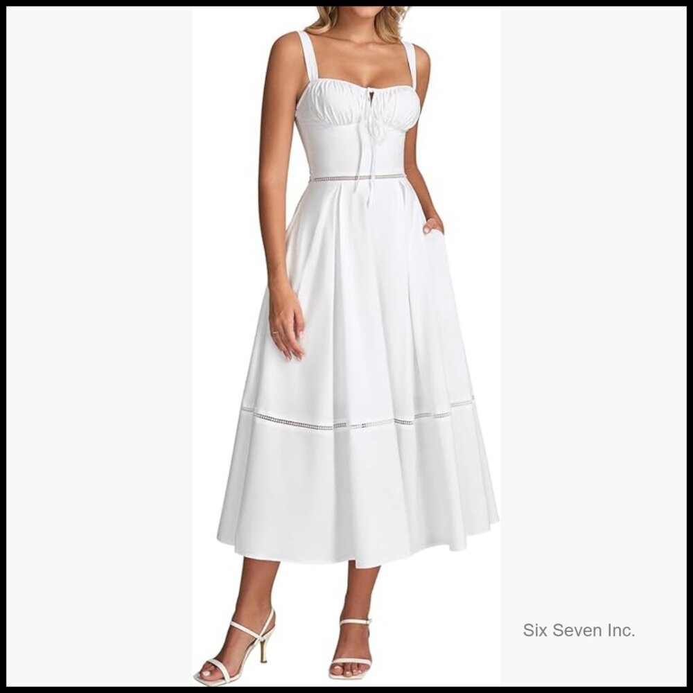 Floral Corset Midi Dress With Lace Up Back And Pockets